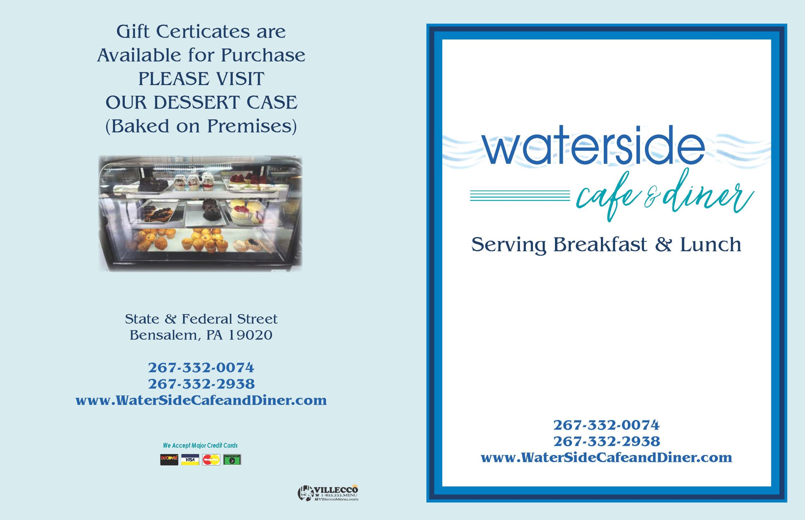A waterside cafe menu card with a picture of a breakfast and lunch menu.