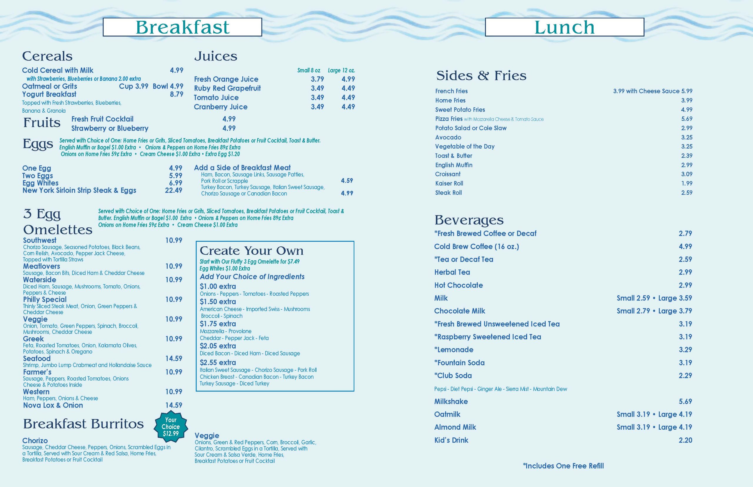 A menu for a restaurant with a blue background.