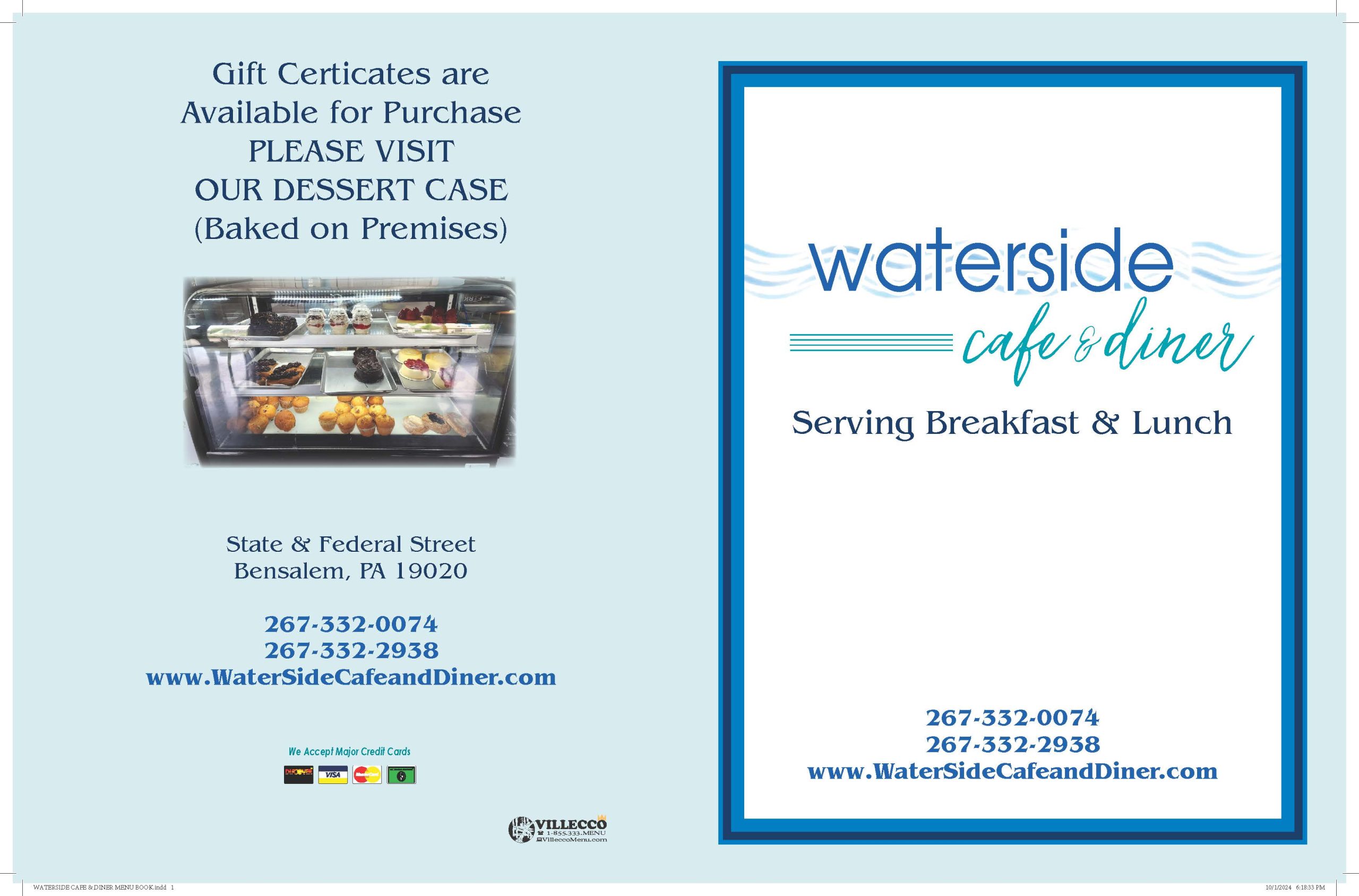 Flyer for Waterside Cafe & Diner, offering breakfast and lunch. Features contact details, address in Bensalem, PA, and mentions gift certificates and desserts baked on premises.