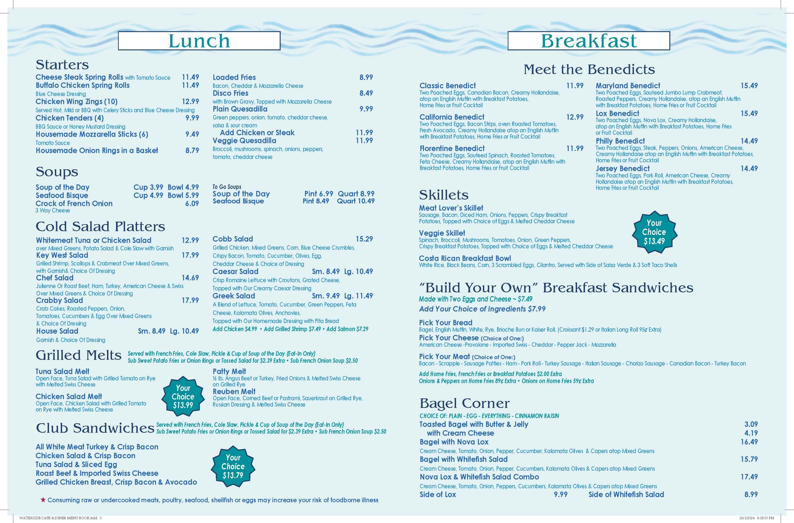 Menu featuring lunch and breakfast items, including starters, soups, salads, sandwiches, Benedicts, skillets, and bagels. Prices and options are detailed for each category.