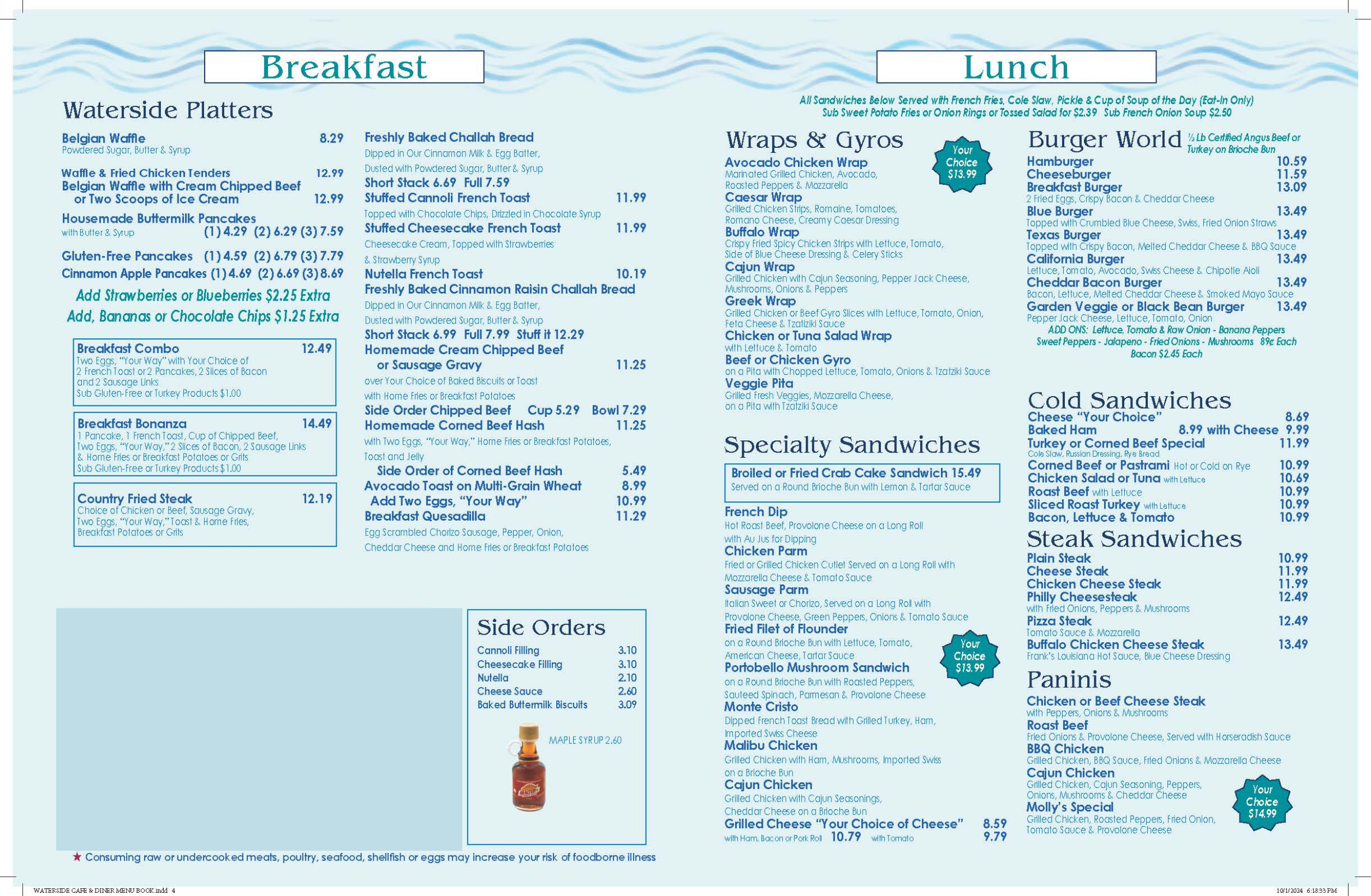 A menu with breakfast items including waffles, omelettes, and French toast, and lunch items like wraps, sandwiches, burgers, and paninis. Includes side orders and pricing.